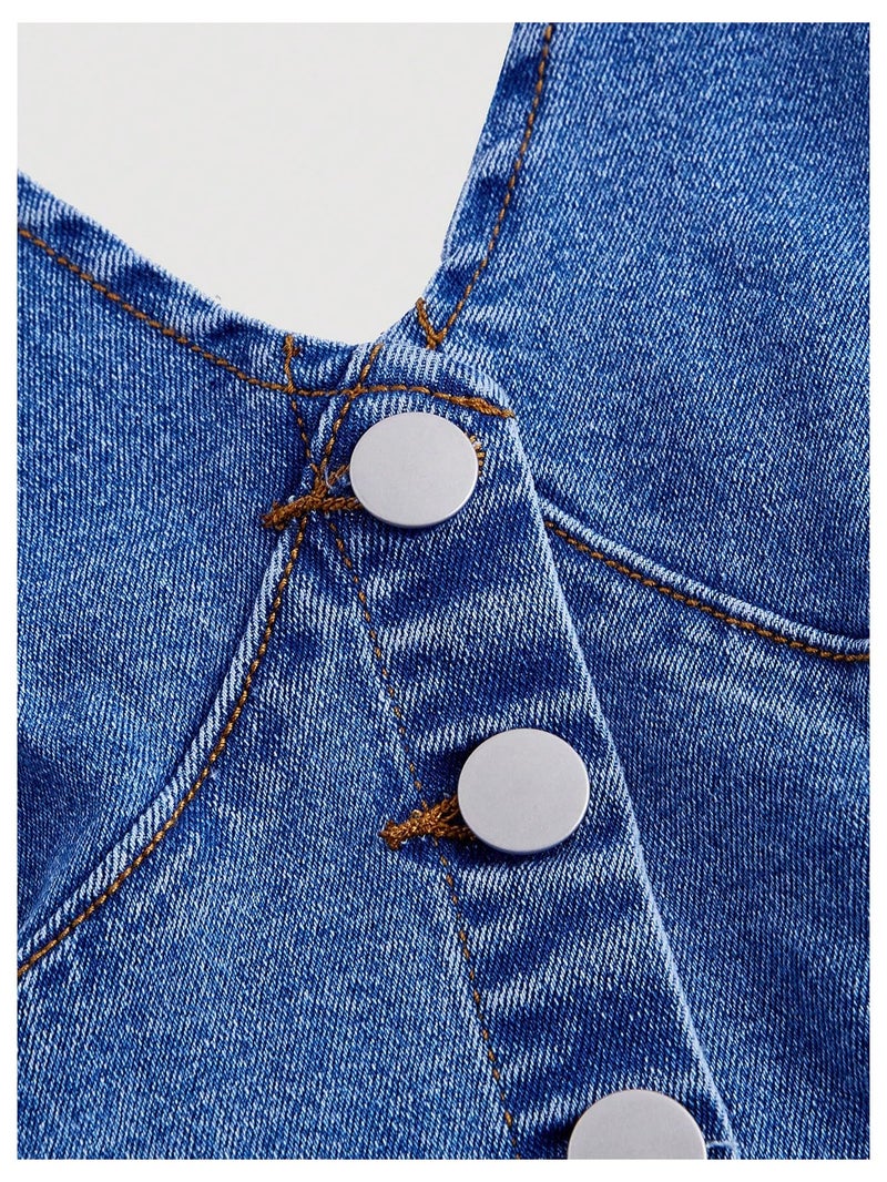 Floerns Women's Halter Denim Tank Top Button Down Backless Party Cropped Jean Tops Medium Wash Large - Image 3