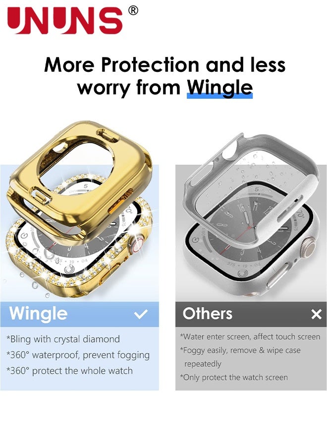 UNUNS 2 Pack Case For Waterproof Apple Watch 41mm,Screen Protector Case Series 9 8 7, 2-in-1 iWatch Hard PC Bling Diamond Face Cover Front/Back Bumper Cases with Tempered Glass,1 Gold+1Clear  - Image 4