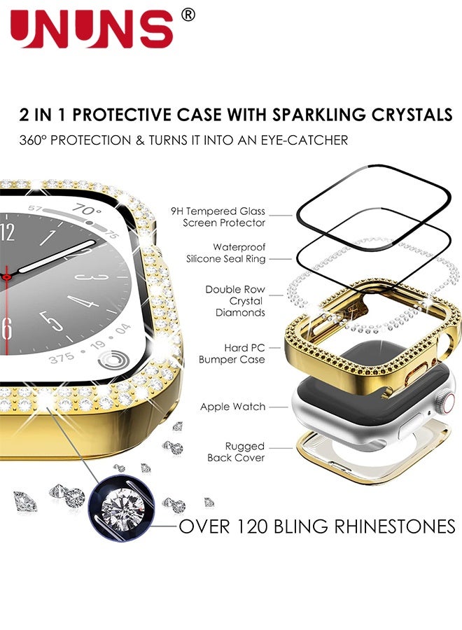 UNUNS 2 Pack Case For Waterproof Apple Watch 41mm,Screen Protector Case Series 9 8 7, 2-in-1 iWatch Hard PC Bling Diamond Face Cover Front/Back Bumper Cases with Tempered Glass,1 Gold+1Clear  - Image 2