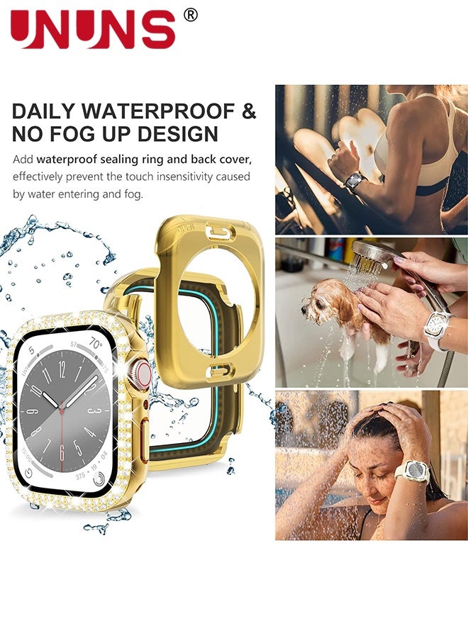 UNUNS 2 Pack Case For Waterproof Apple Watch 41mm,Screen Protector Case Series 9 8 7, 2-in-1 iWatch Hard PC Bling Diamond Face Cover Front/Back Bumper Cases with Tempered Glass,1 Gold+1Clear  - Image 3
