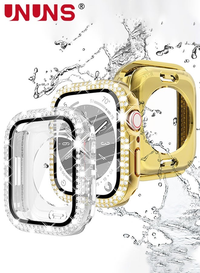 UNUNS 2 Pack Case For Waterproof Apple Watch 41mm,Screen Protector Case Series 9 8 7, 2-in-1 iWatch Hard PC Bling Diamond Face Cover Front/Back Bumper Cases with Tempered Glass,1 Gold+1Clear  - Image 1