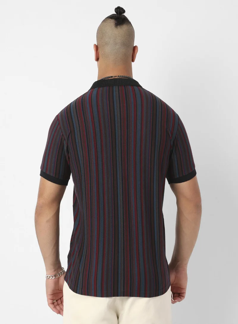 Instafab Plus Instafab Plus Men's Blue & Maroon Candy Striped Polo T-Shirt For Casual Wear | Spread Collar | Short Sleeve | Half-Button Closure | T-Shirt Crafted With Comfort Fit For Everyday Wear