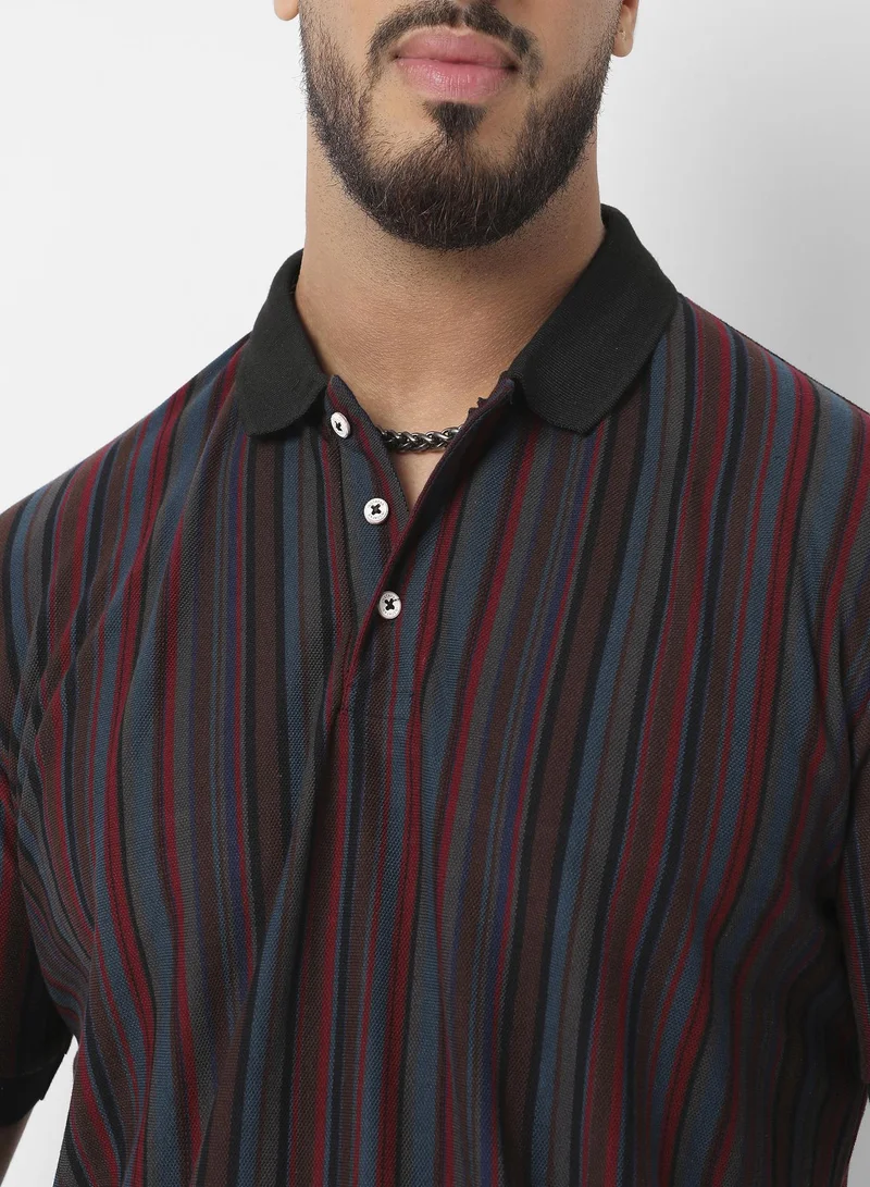 Instafab Plus Instafab Plus Men's Blue & Maroon Candy Striped Polo T-Shirt For Casual Wear | Spread Collar | Short Sleeve | Half-Button Closure | T-Shirt Crafted With Comfort Fit For Everyday Wear
