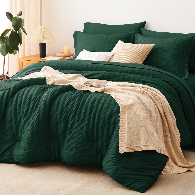CozyLux Full Seersucker Comforter Set with Sheets Emerald Green Bed in a Bag 7-Pieces All Season Bedding Sets with Comforter, Pillow Sham, Flat Sheet, Fitted Sheet, Pillowcase - Image 1