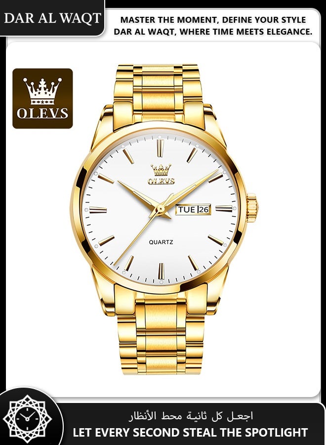 أوليفز ساعة فاخرة رجالية من OLEVS – وجه أبيض مع سوار فولاذي ذهبي بالكامل - Image 1