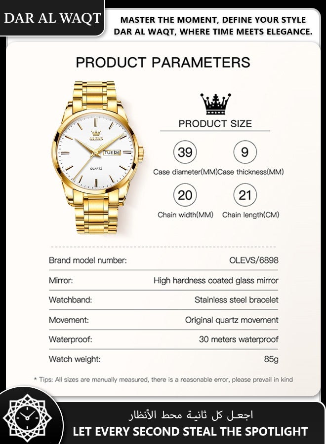 أوليفز ساعة فاخرة رجالية من OLEVS – وجه أبيض مع سوار فولاذي ذهبي بالكامل - Image 5