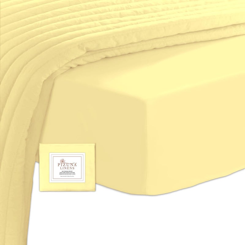 PIZUNA 100% Cotton Single Fitted Sheet 90x200 cm Mellow Yellow, 400 Thread Count Long Staple Cotton Sateen Weave Bed Sheet Single Fitted with Deep Pocket Sheet Fits 40cm (Fitted Bed Sheet 1 PC) - Image 1