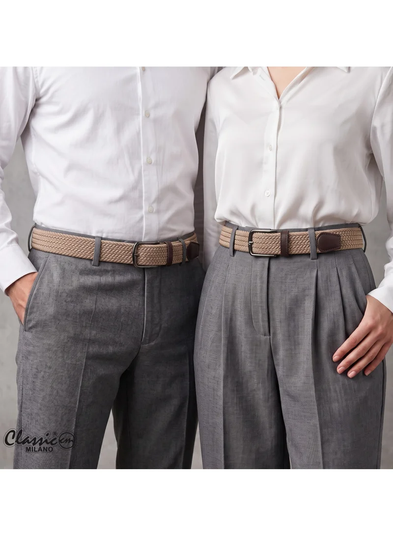 Classic Milano Beige (DWE-313) Classic Milano Braided Cotton Elastic Stretch Belt for Men & Women, Woven Canvas Web Belt with Gift Box, Adjustable Men's Belt | Full Length: 110CM (Free Size - Fits up to the waist of 40 Inches / 100 CM)  | Best Price UAE