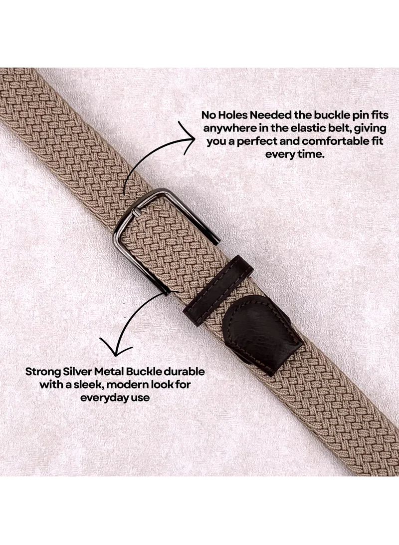 Classic Milano Beige (DWE-313) Classic Milano Braided Cotton Elastic Stretch Belt for Men & Women, Woven Canvas Web Belt with Gift Box, Adjustable Men's Belt | Full Length: 110CM (Free Size - Fits up to the waist of 40 Inches / 100 CM)  | Best Price UAE