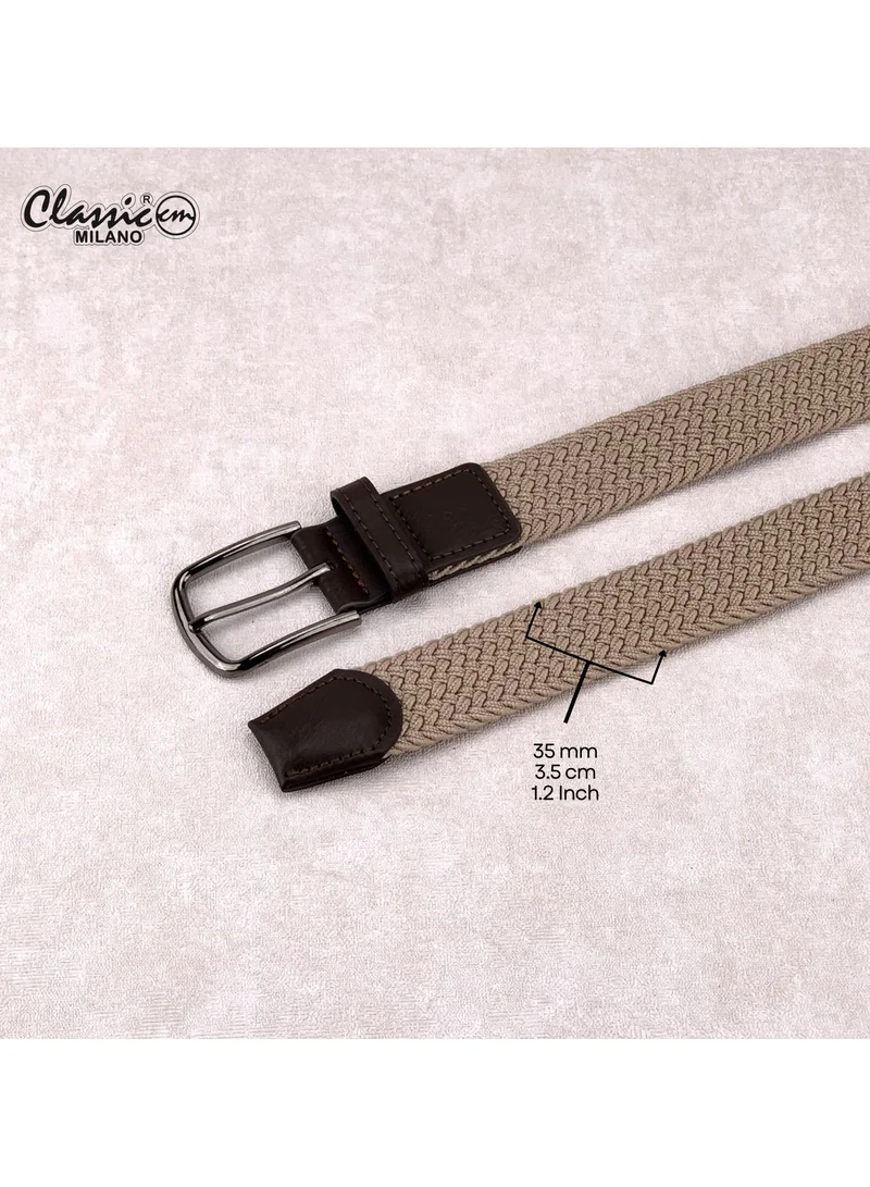 Classic Milano Beige (DWE-313) Classic Milano Braided Cotton Elastic Stretch Belt for Men & Women, Woven Canvas Web Belt with Gift Box, Adjustable Men's Belt | Full Length: 110CM (Free Size - Fits up to the waist of 40 Inches / 100 CM)  | Best Price UAE