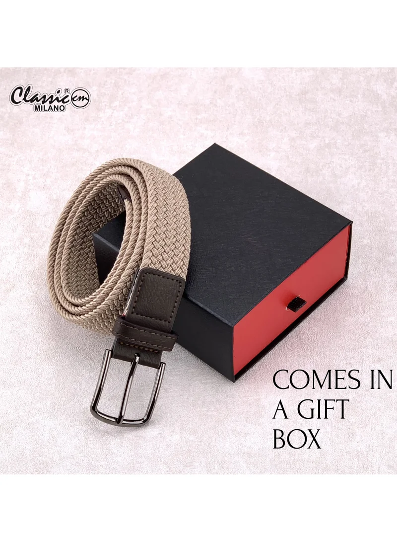 Classic Milano Beige (DWE-313) Classic Milano Braided Cotton Elastic Stretch Belt for Men & Women, Woven Canvas Web Belt with Gift Box, Adjustable Men's Belt | Full Length: 110CM (Free Size - Fits up to the waist of 40 Inches / 100 CM)  | Best Price UAE