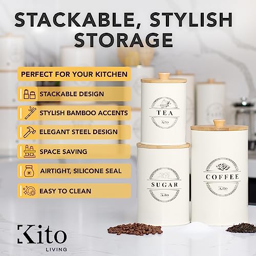 Kito LIVING Canisters Sets for Kitchen Counter Storage and Organization with Wooden Bamboo Lids, Food Pantry Containers, Stackable Steel Storage Bins, Airtight Sugar Tea Coffee Canisters - Cream - Image 3