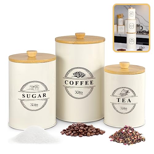 Kito LIVING Canisters Sets for Kitchen Counter Storage and Organization with Wooden Bamboo Lids, Food Pantry Containers, Stackable Steel Storage Bins, Airtight Sugar Tea Coffee Canisters - Cream - Image 1