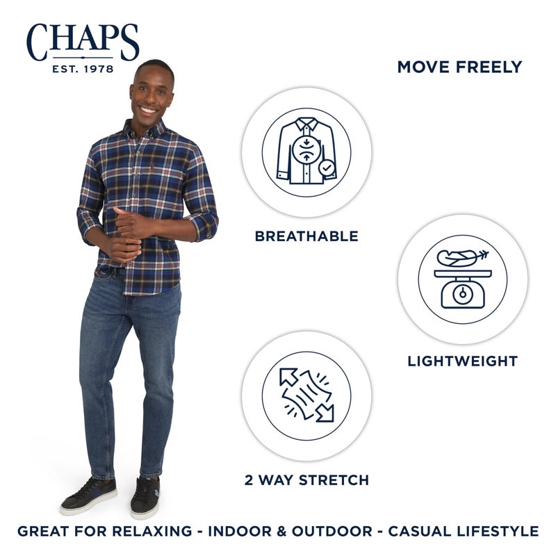 Chaps Men's Classic Fit Long Sleeve Button Down Stretch Flannel Casual Woven Shirt, Blue Multi, Medium - Image 3