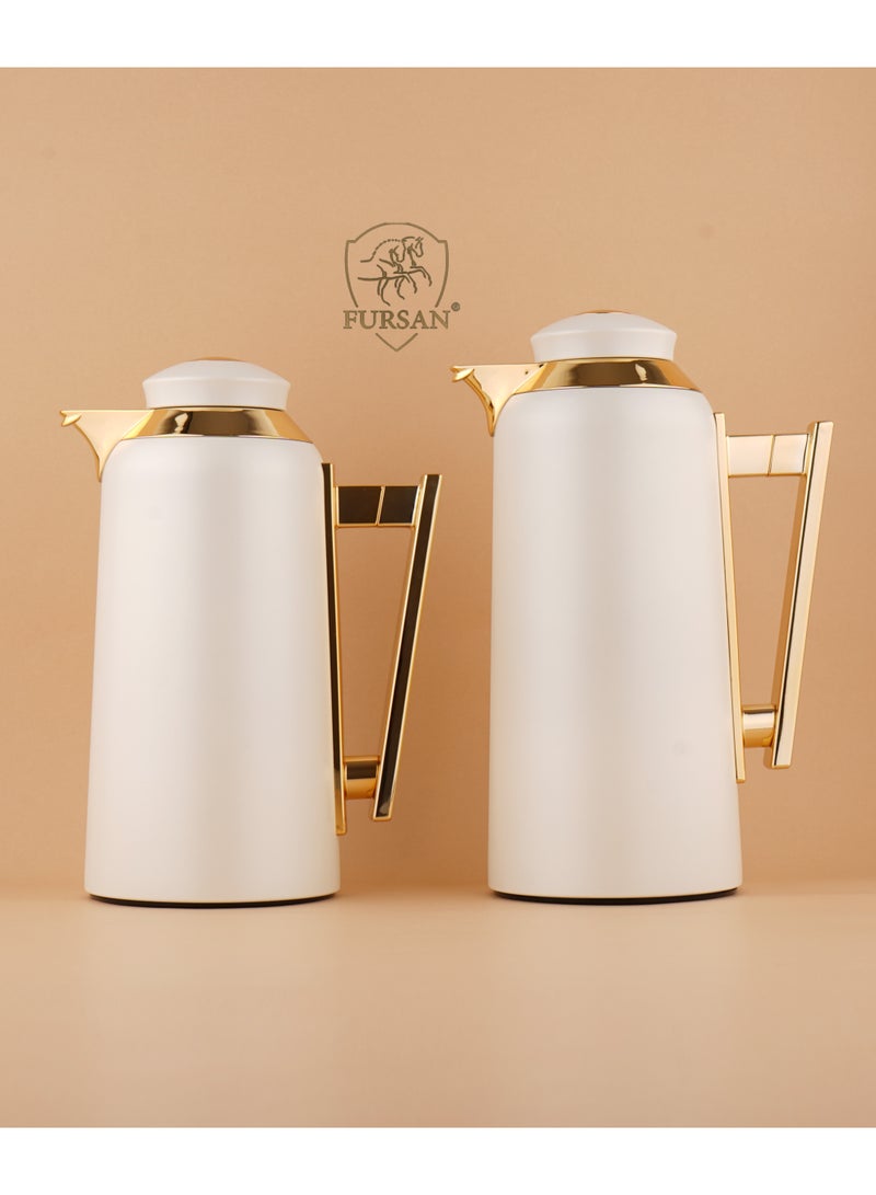 FURSAN Arabic Vacuum Flask Set, 1.0L & 0.7L, White Metal Body, for Coffee and Tea