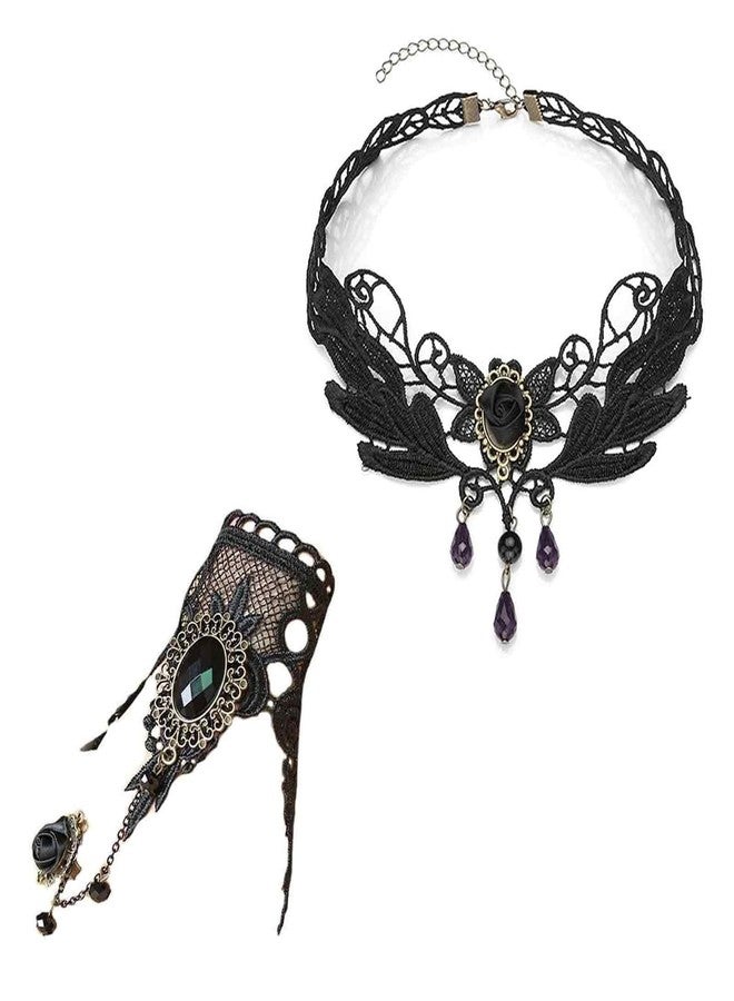 FFZDENA 2 Pieces Gothic Jewellery Set, Rose Lace Choker Necklace and Matching Bracelet for Women, Aesthetic Neck Pieces, Stylish Gothic Accessories for Formal Events (Black) - Image 1