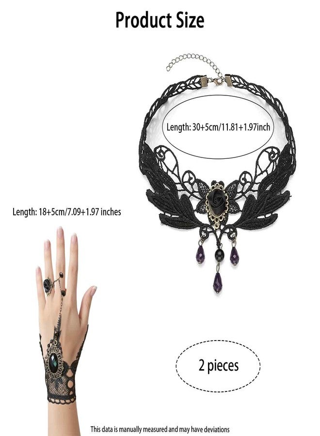 FFZDENA 2 Pieces Gothic Jewellery Set, Rose Lace Choker Necklace and Matching Bracelet for Women, Aesthetic Neck Pieces, Stylish Gothic Accessories for Formal Events (Black) - Image 2