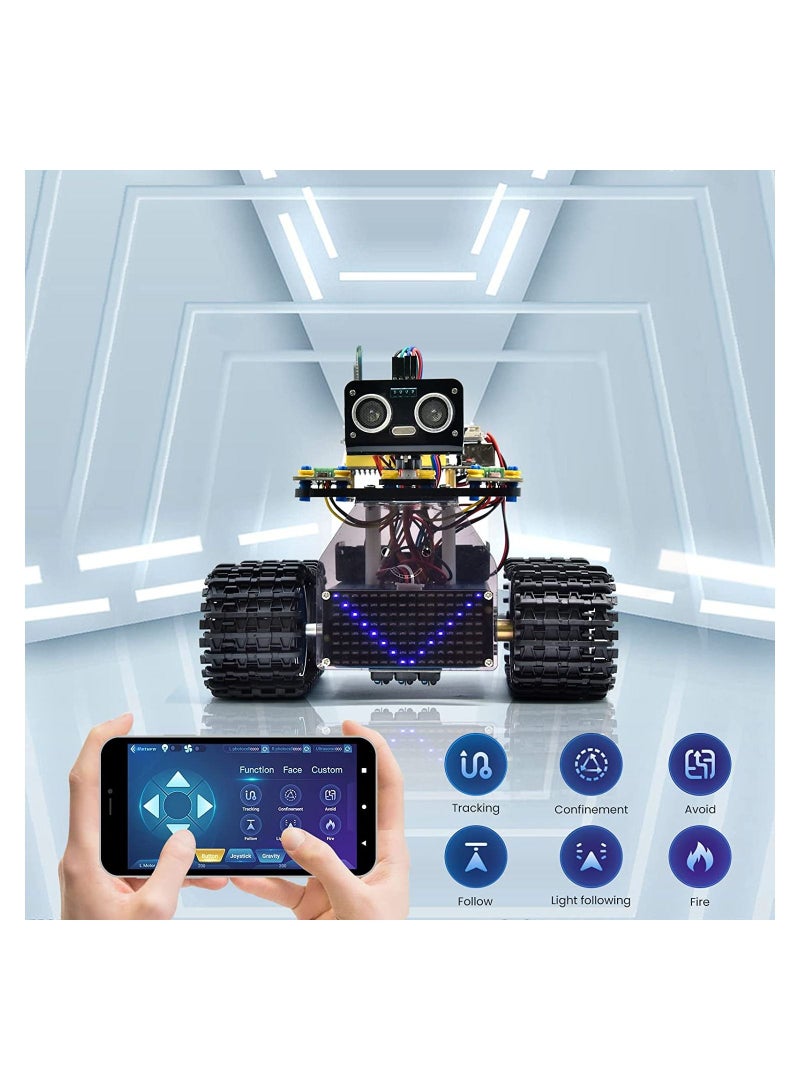 Mini Caterpillar Tank Robot V3 Smart Car Kit for Arduino, IR Infrared and App Remote Control (iOS and Android), Light and Ultrasonic Follow, 8X16 LED Panel, Ultrasonic Obstacle Avoidance