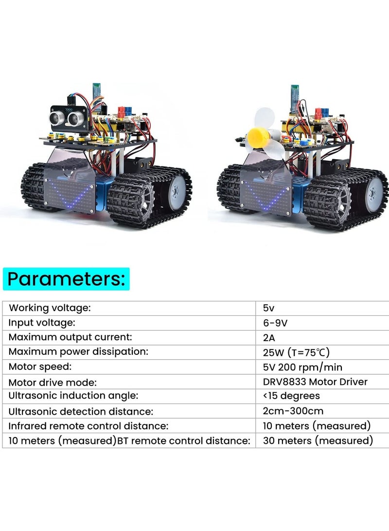 Mini Caterpillar Tank Robot V3 Smart Car Kit for Arduino, IR Infrared and App Remote Control (iOS and Android), Light and Ultrasonic Follow, 8X16 LED Panel, Ultrasonic Obstacle Avoidance