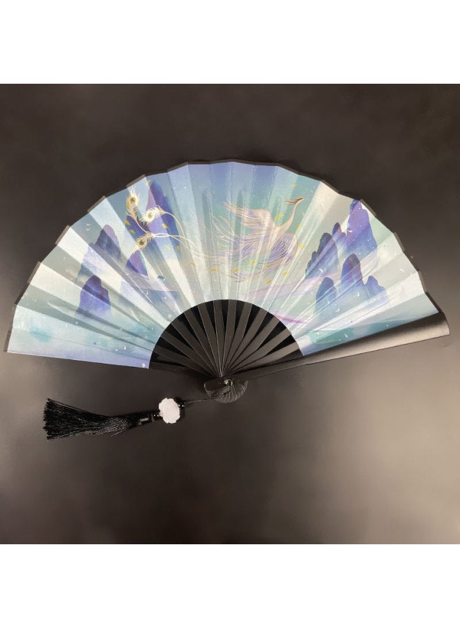 Chinese Style 8 Inch Plastic Fan With Tassel Pendant Antique Domineering Folding Fan Men's Hanfu Dance Silk Cloth Fan Wholesale-Specification:8inch Animal Fan-Colour:8inch Tassel Folding Fan-02 - Image 1