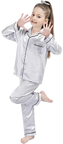 OEIU Children Kid Silky Satin Pajamas Set for Girls Boys pj Set Sleepwear Button-up Lounge Sets Nightwear Silver 170 - Image 2