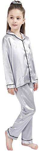 OEIU Children Kid Silky Satin Pajamas Set for Girls Boys pj Set Sleepwear Button-up Lounge Sets Nightwear Silver 170 - Image 5