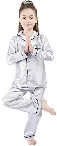 OEIU Children Kid Silky Satin Pajamas Set for Girls Boys pj Set Sleepwear Button-up Lounge Sets Nightwear Silver 170 - Image 1