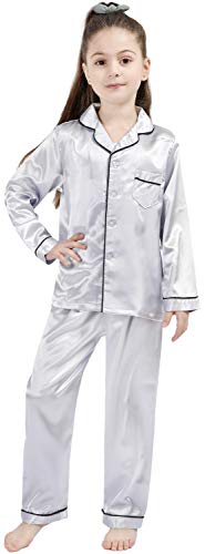 OEIU Children Kid Silky Satin Pajamas Set for Girls Boys pj Set Sleepwear Button-up Lounge Sets Nightwear Silver 170 - Image 4