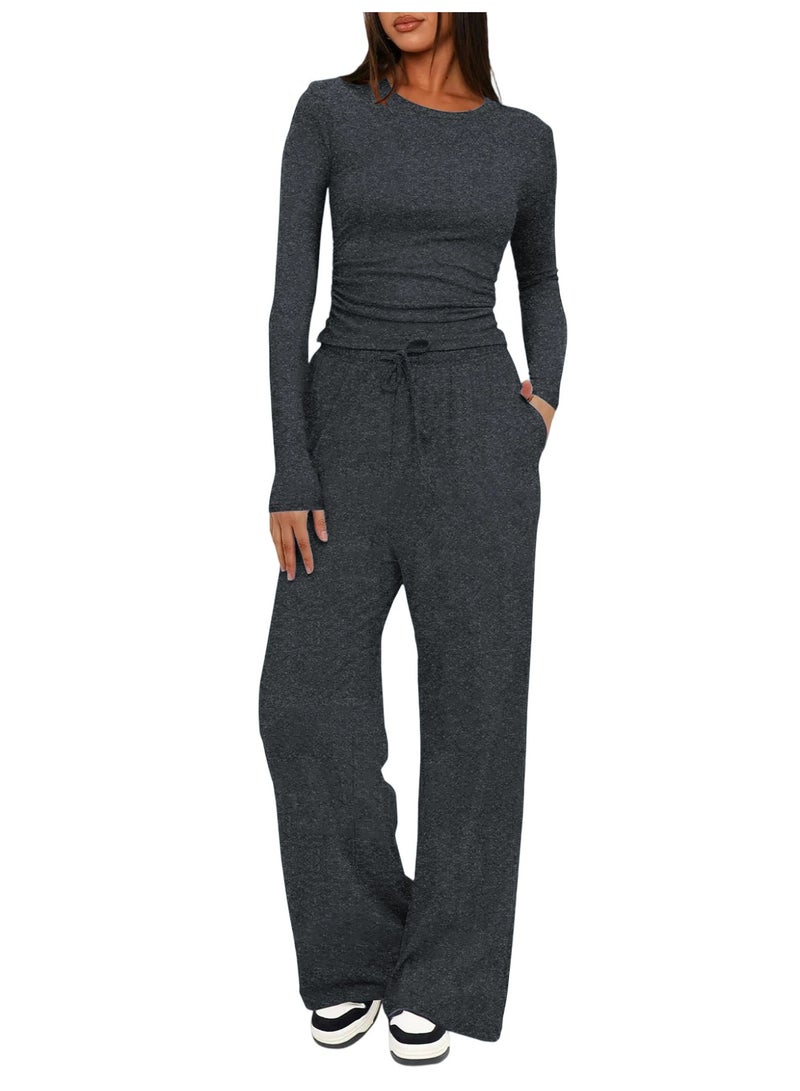 general 2025-2026 TK Solid Color Casual Long-Sleeved Settop Coat High-Waisted Wide-Fitting Pants Sports Outfit - Image 1