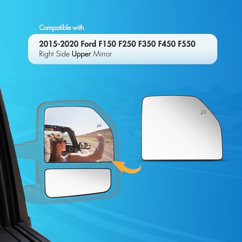 SNEMEEY Upper Passenger Side Mirror Glass for Ford F150 F250 F350 F450 F550-2015 2016 2017 2018 2019 2020, Right Side Heated Mirror Replacement, Tow Mirrors with Backing Plate - Image 2
