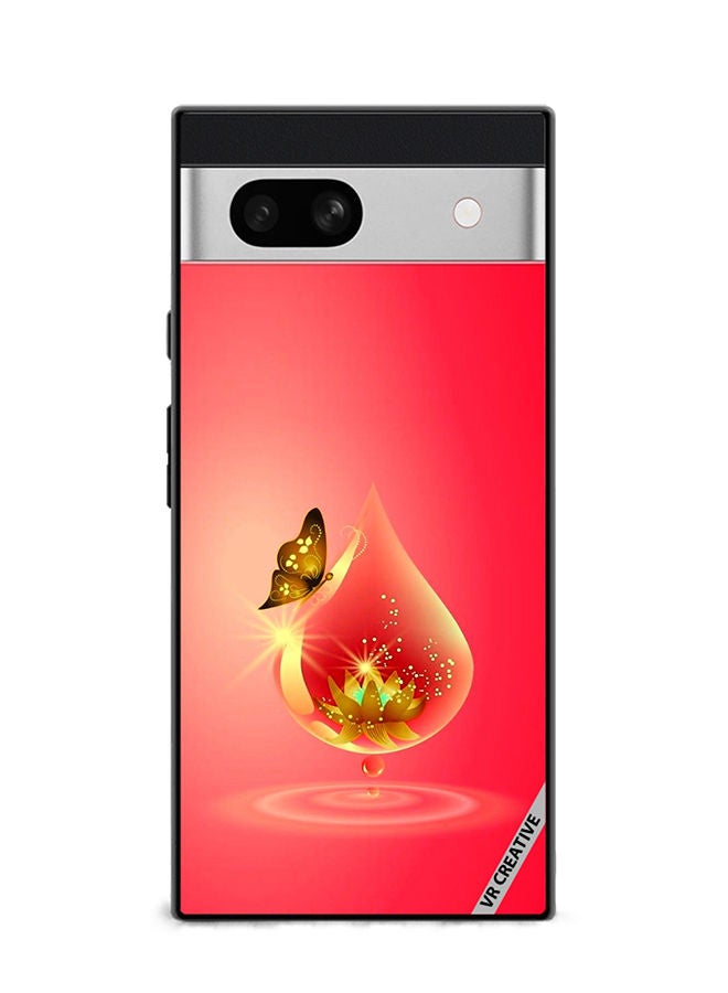 VR CREATIVE Protective Case Cover For Google Pixel 7a Golden Butterfly Red Waterdrop Design Multicolour - Image 1