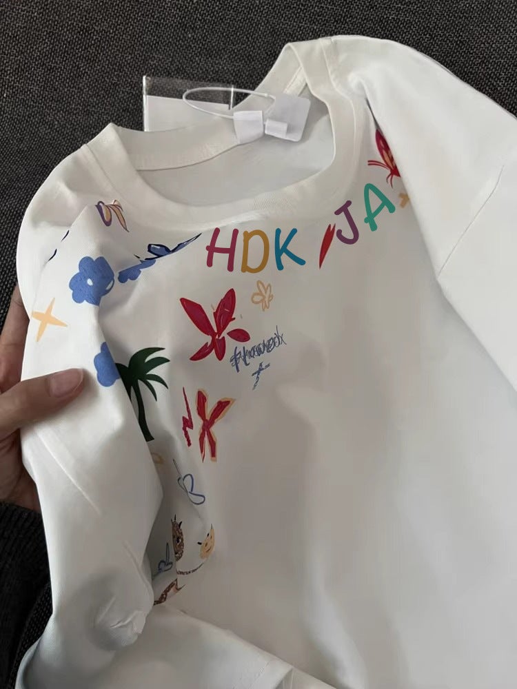 Fun Cartoon Graffiti White Short-sleeved T-shirt Women's Summer 2025 New oversize Design Sense Niche Top - Image 5
