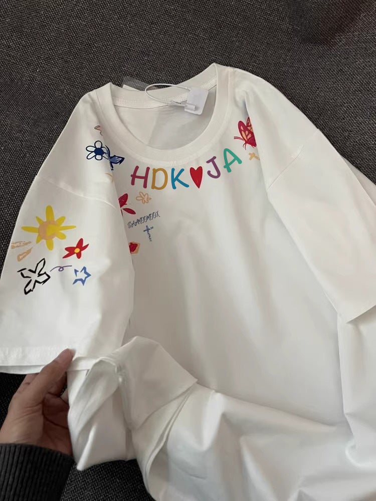 Fun Cartoon Graffiti White Short-sleeved T-shirt Women's Summer 2025 New oversize Design Sense Niche Top - Image 4