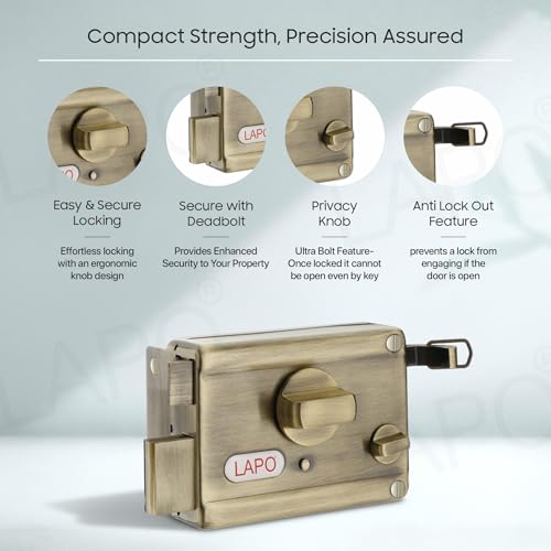 LAPO Rim Lock, Dead Bolt Lock for Main & Safety Door, Twinbolt Ultra XL, Suitable for Single Wooden Door,3 Keys,Antique Finish,3 Years Warranty - Image 4