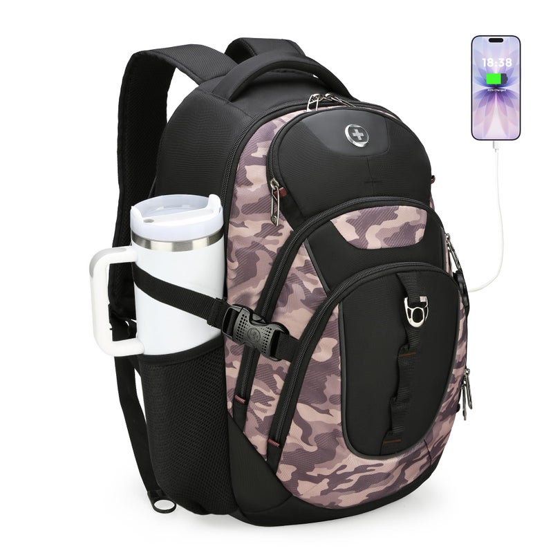 Swissdigital Design Laptop Backpack with USB Charging Port, Travel Backpack Fits 15.6 inches Computer, 31L College School Backpack for Men, Khaki Camo | SD803-94 - Image 1