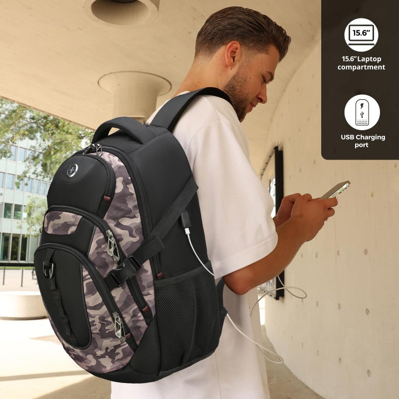 Swissdigital Design Laptop Backpack with USB Charging Port, Travel Backpack Fits 15.6 inches Computer, 31L College School Backpack for Men, Khaki Camo | SD803-94 - Image 2