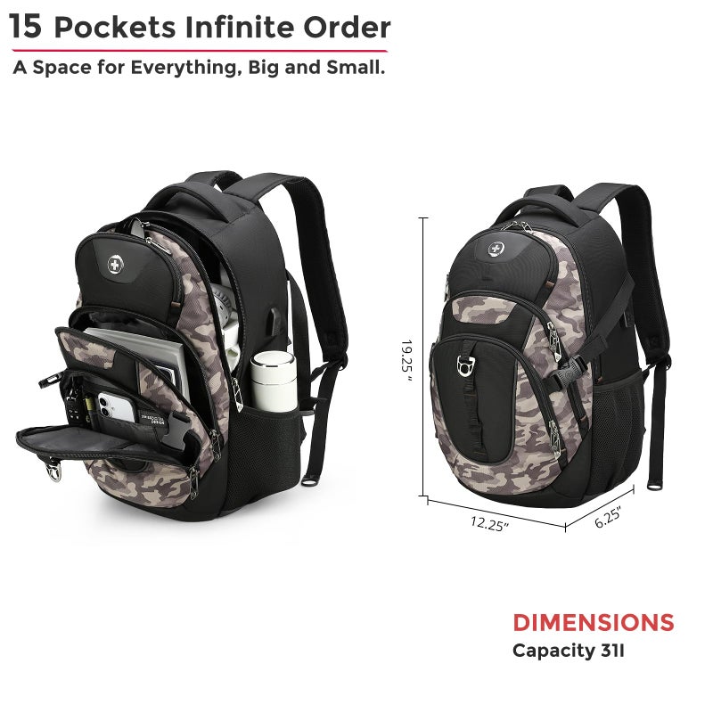 Swissdigital Design Laptop Backpack with USB Charging Port, Travel Backpack Fits 15.6 inches Computer, 31L College School Backpack for Men, Khaki Camo | SD803-94 - Image 5