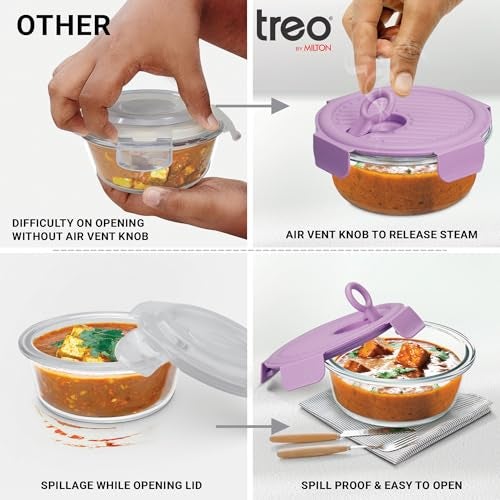 Treo by Milton Lumino Fresh Round Borosilicate Glass Lunch Box Set of 3, Purple Lid, 400 ml Each with Lunch Bag, Microwave & Dishwasher Safe, Leak Proof Containers Office Tiffin - Image 3