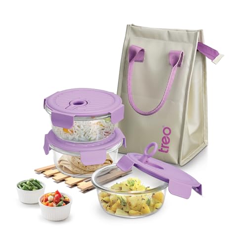 Treo by Milton Lumino Fresh Round Borosilicate Glass Lunch Box Set of 3, Purple Lid, 400 ml Each with Lunch Bag, Microwave & Dishwasher Safe, Leak Proof Containers Office Tiffin - Image 1