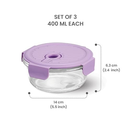 Treo by Milton Lumino Fresh Round Borosilicate Glass Lunch Box Set of 3, Purple Lid, 400 ml Each with Lunch Bag, Microwave & Dishwasher Safe, Leak Proof Containers Office Tiffin - Image 4