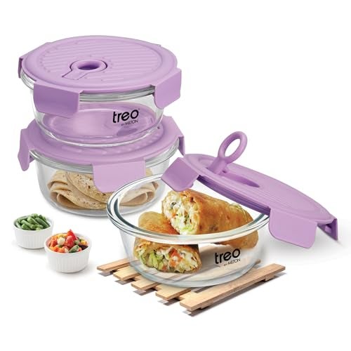 Treo by Milton Lumino Fresh Round Borosilicate Glass Lunch Box Set of 3, Purple Lid, 400 ml Each with Lunch Bag, Microwave & Dishwasher Safe, Leak Proof Containers Office Tiffin - Image 5