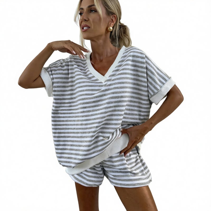 Women's Knit Striped Two-Piece Relaxed Fit Sweatshirt and High-Waist Shorts Lounge Set - Image 1