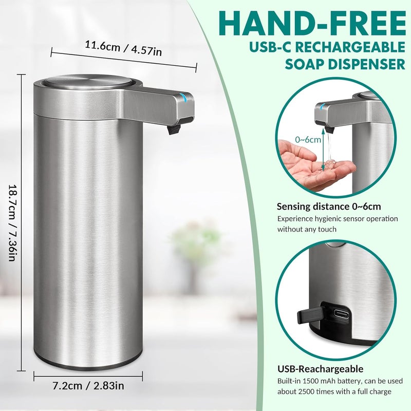 SmartTouch Infrared Soap Dispenser with Stainless Steel Finish, USB-C Rechargeable, IPX5 Waterproof, Motion-Activated for Kitchen & Bathroom (Silver) - Image 4