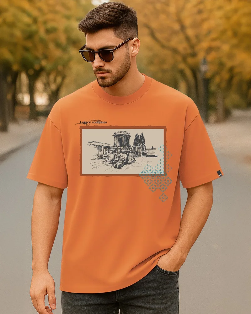 bewakoof Men's Caramel Orange Legacy Graphic Printed Oversized T-shirt