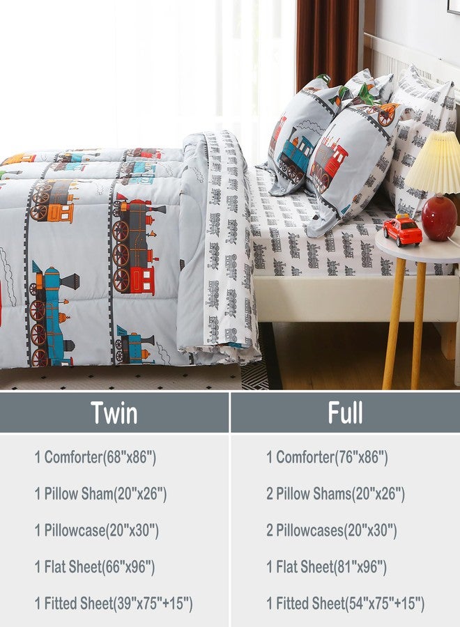 Viviland Kids Full Bedding Sets for Boys, Soft Full Comforter Set with Sheets, 7 Pieces Microfiber Bed in a Bag, Light Grey Train - Image 2