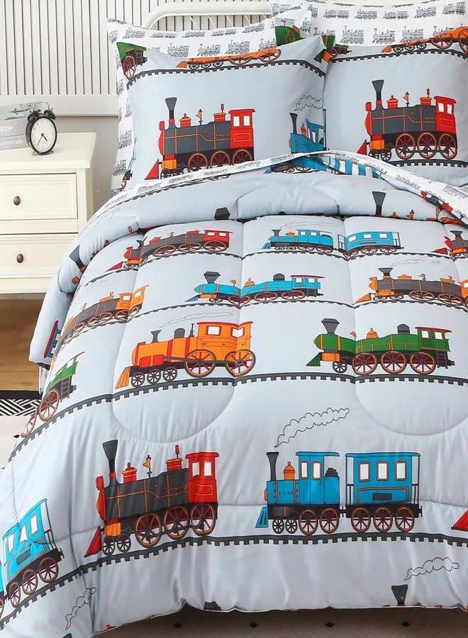 Viviland Kids Full Bedding Sets for Boys, Soft Full Comforter Set with Sheets, 7 Pieces Microfiber Bed in a Bag, Light Grey Train - Image 1