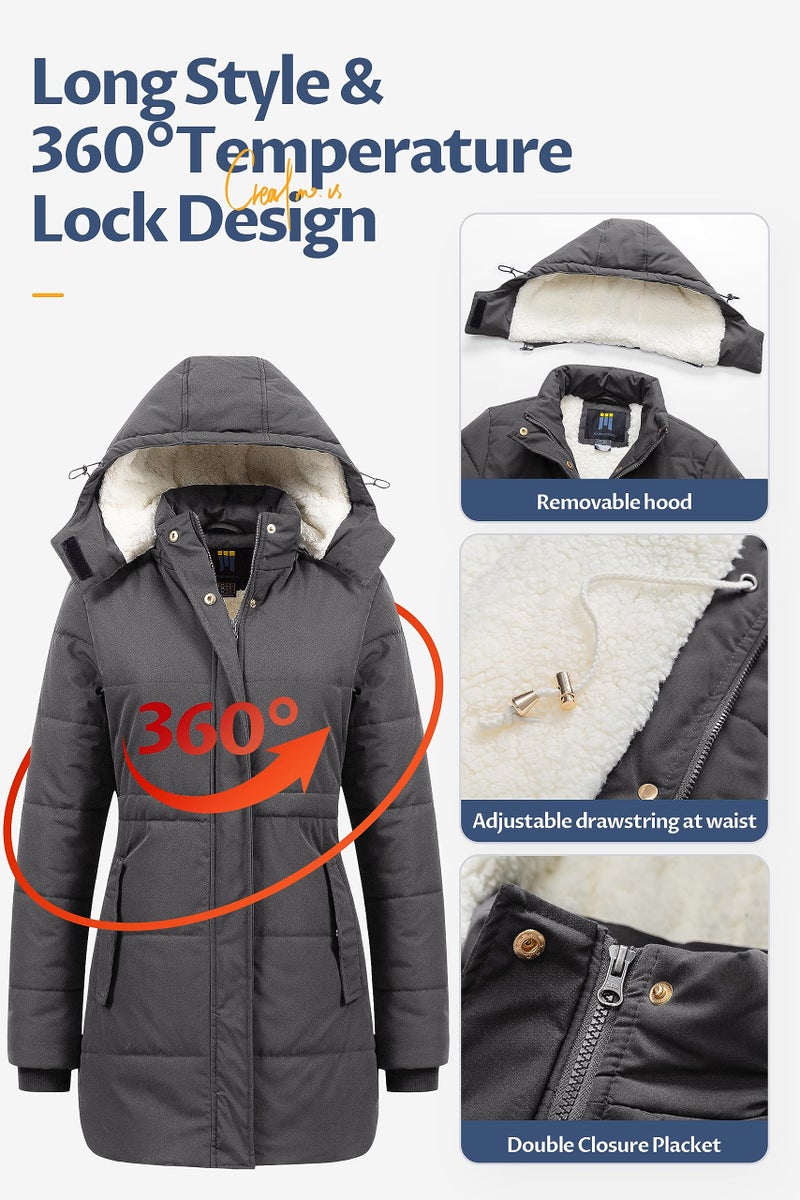 CREATMO US Women's Fashionble Hood Winter Parka Outdoor Overcoat Long Jacket Weatherproof Outwear Pea Coat Dark Grey XL - Image 5
