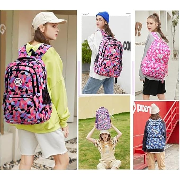 rayihni School Bag Bookbag 3pcs Backpack Sets Girl Geometric Printed Primary Junior High University MiddleSchool Elementary Bookbags School Bag with Lunch Bag Pencil Case - Image 2