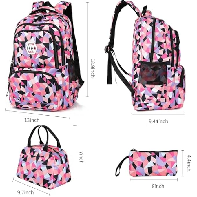 rayihni School Bag Bookbag 3pcs Backpack Sets Girl Geometric Printed Primary Junior High University MiddleSchool Elementary Bookbags School Bag with Lunch Bag Pencil Case - Image 5