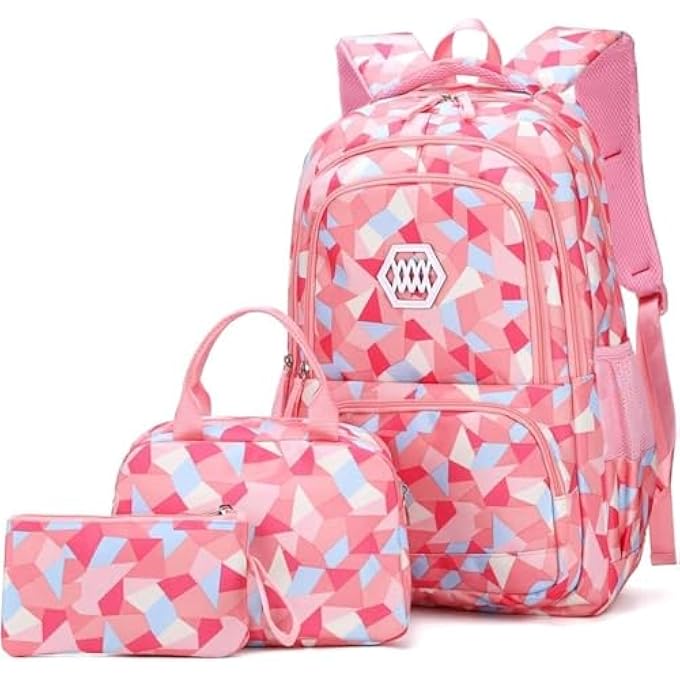 rayihni School Bag Bookbag 3pcs Backpack Sets Girl Geometric Printed Primary Junior High University MiddleSchool Elementary Bookbags School Bag with Lunch Bag Pencil Case - Image 1
